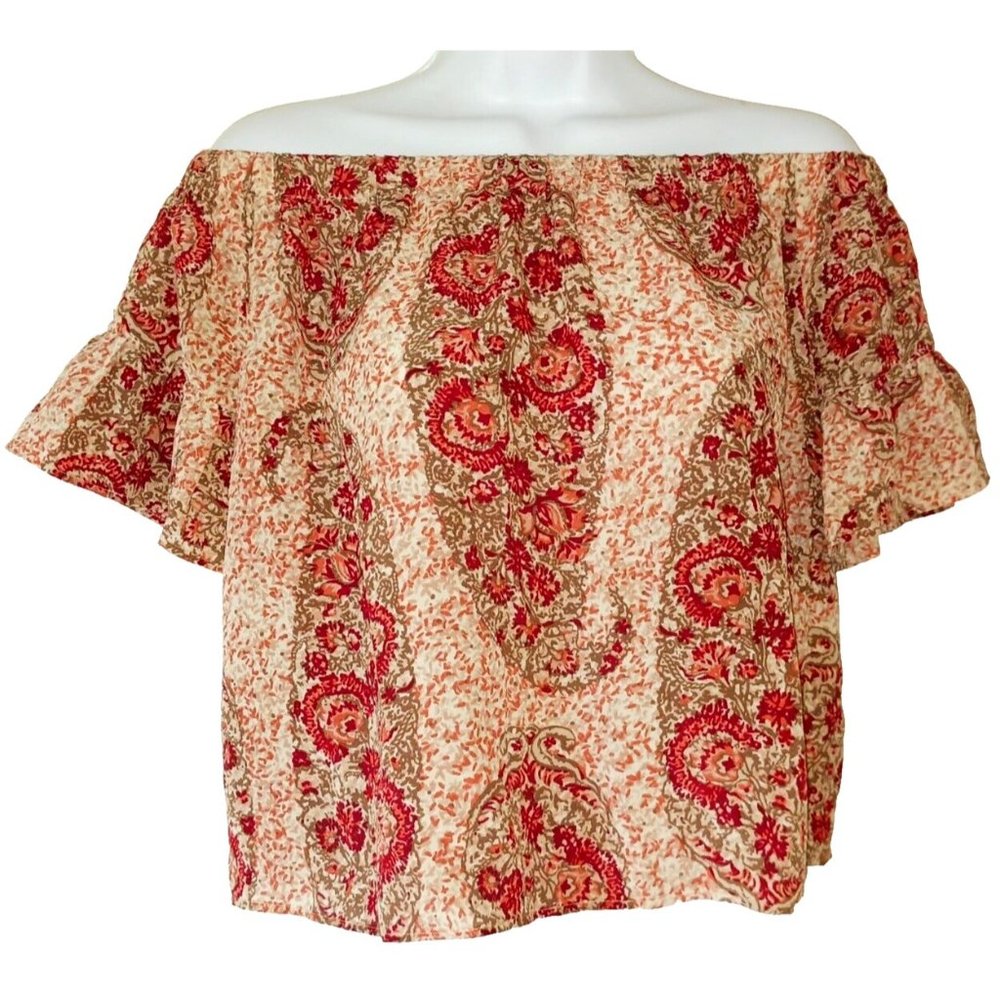 MADEWELL Medium Beige w/ Red Paisley 100% Silk Off-Shoulder Cropped SS Blouse